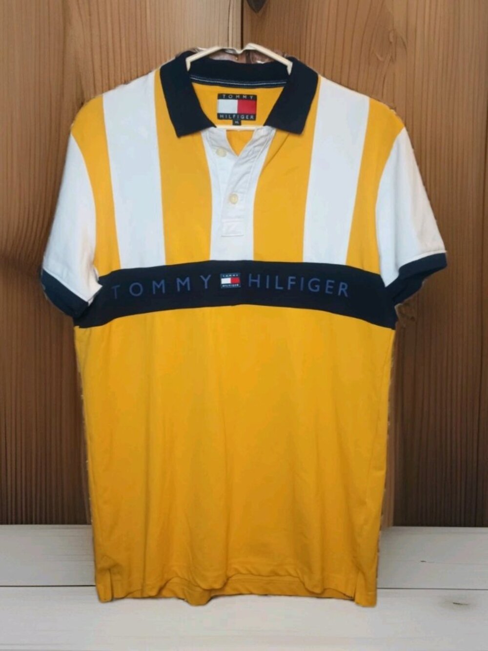 Vintage Tommy Hilfiger Polo Shirt Yellow/Blue Slim Striped Short Sleeve Men's XL